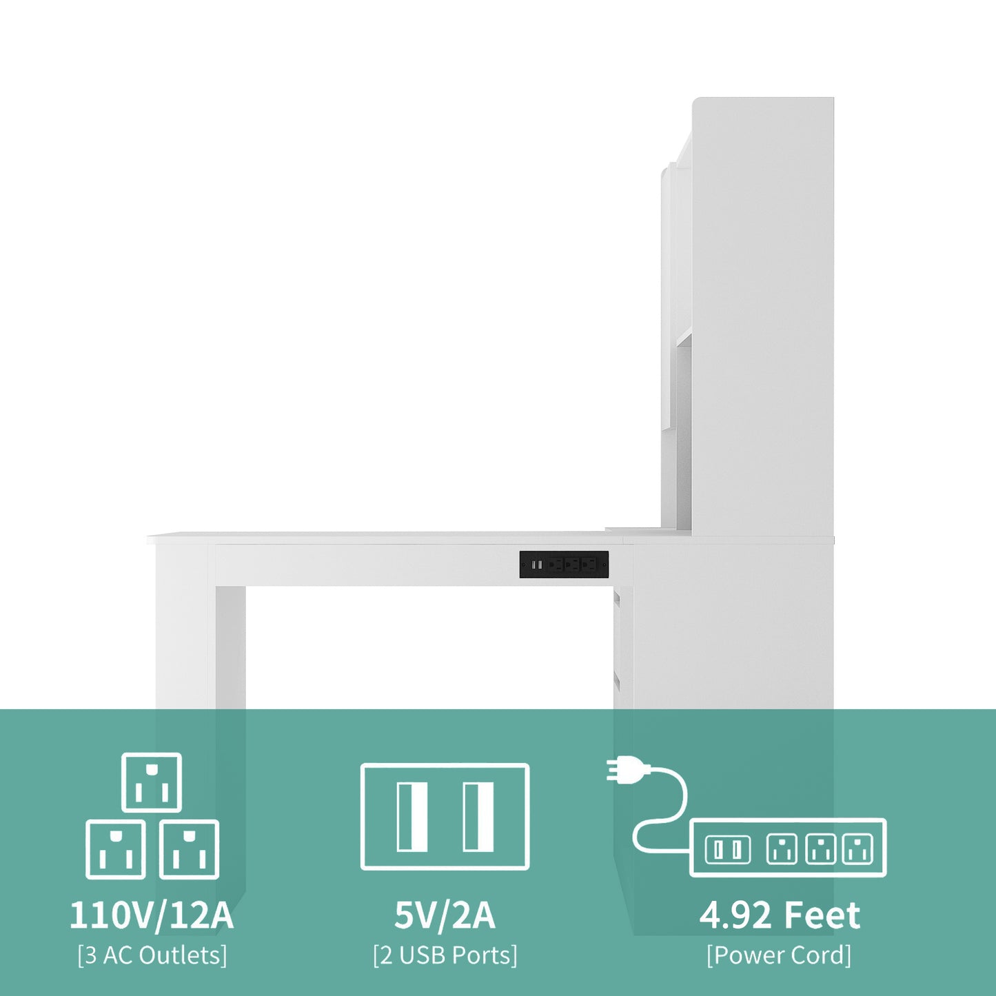 L-shaped office desk with charger, bookshelf with drawers and LED lights, and corner gaming computer desk with storage space