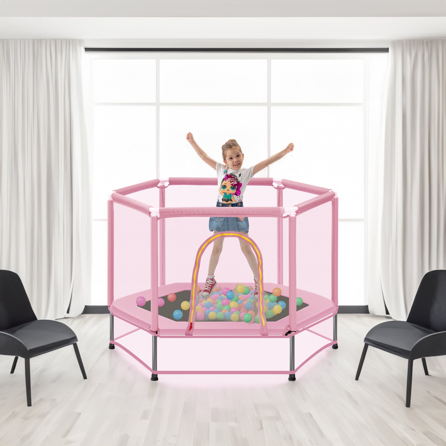 55'' Toddlers Trampoline with Safety Enclosure Net and Balls, Indoor Outdoor Mini Trampoline for Kids