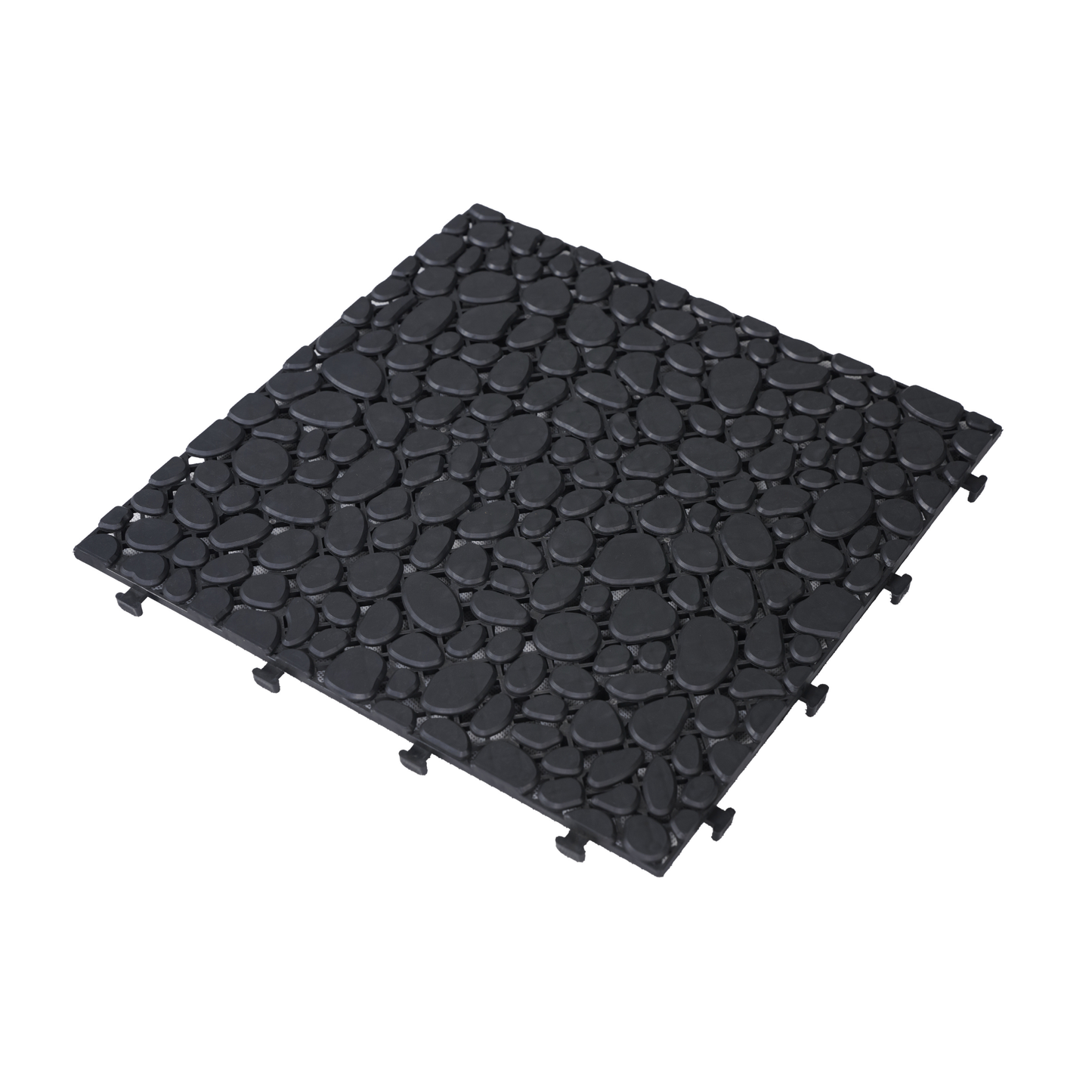 12 x 12 inch black interlocking deck tiles, plastic waterproofing, pebble pattern, pack of 12