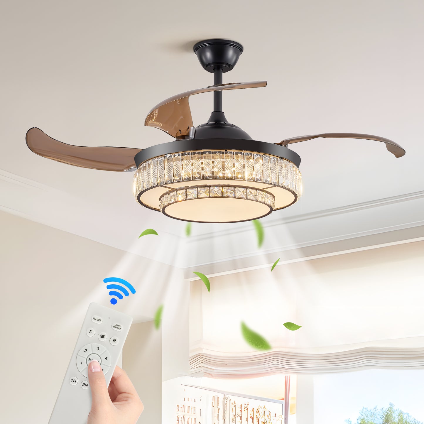 Modern LED retractable ceiling fan with lighting and remote control, silent reversible motor, 4-blade modern ceiling fan