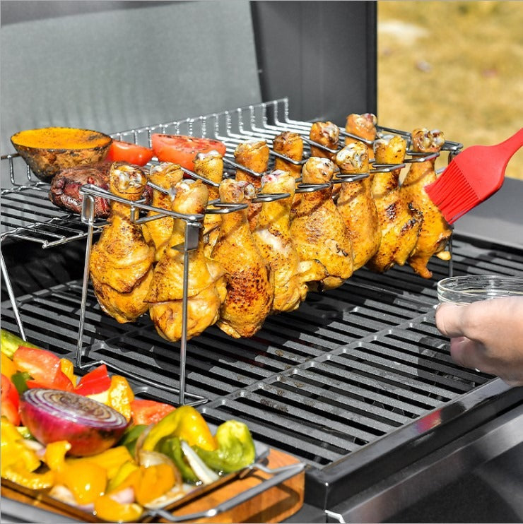 Folding Stainless Steel Grilled Chicken Leg Rack Grill BBQ Grill Pan Grill Rack Convenient Carry Bottom Tray Grilled Chicken Rack