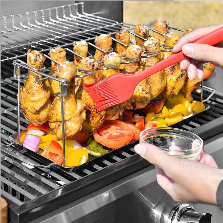 Folding Stainless Steel Grilled Chicken Leg Rack Grill BBQ Grill Pan Grill Rack Convenient Carry Bottom Tray Grilled Chicken Rack