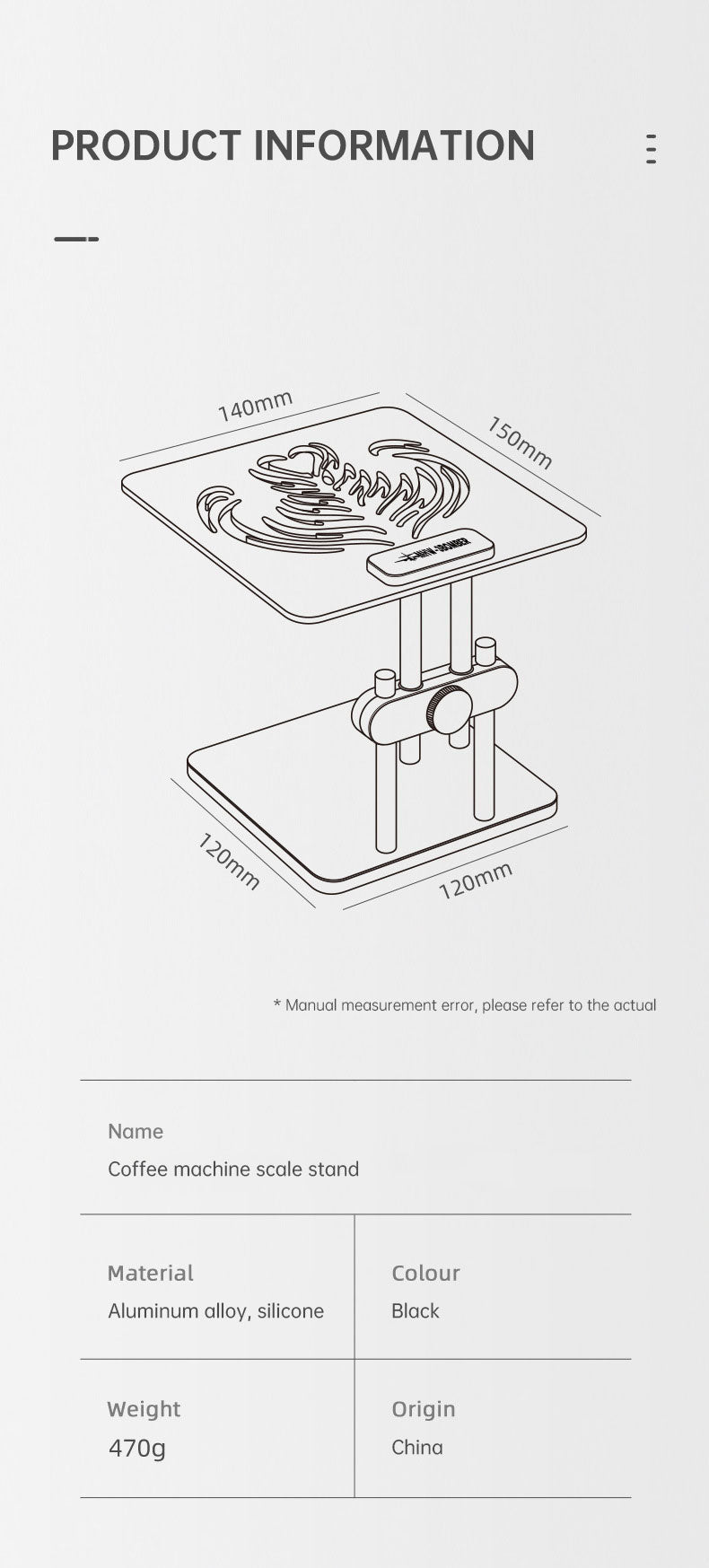 MHW-3BOMBER Adjustable Height Coffee Weighing Rack with Silicone Non-slip Base Electronic Scale Stand Waterproof Barista Tools