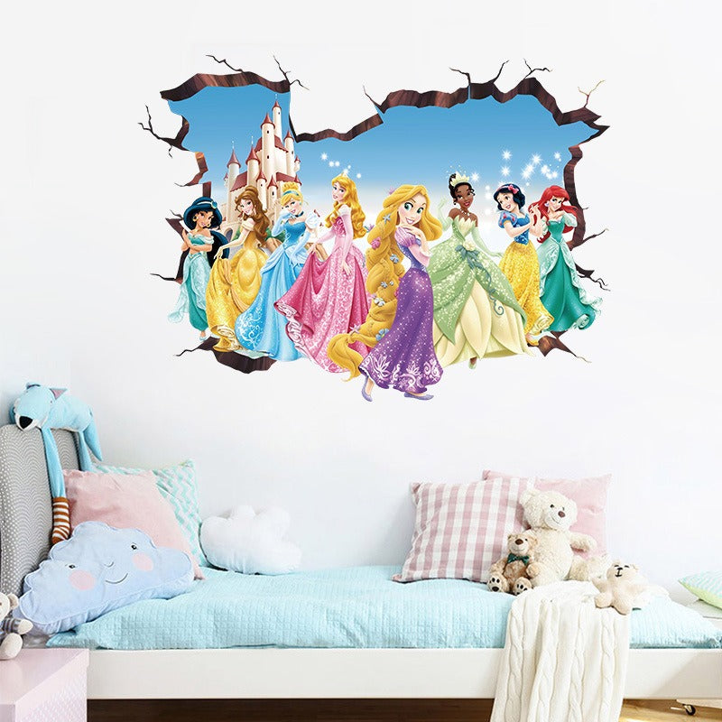 Princess Elsa 3D Wall Sticker Girl's Bedroom PVC Poster Self Adhesive Cartoon Princess Glass Wardrobe Wall Sticker