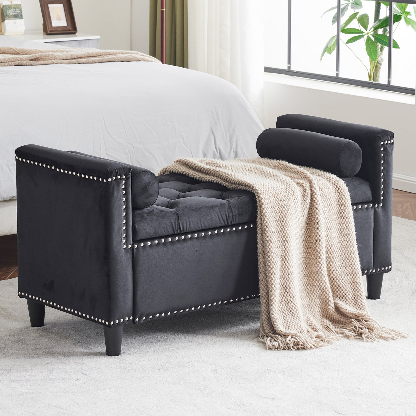 Storage Bench, 44.5-Inch Queen Velvet Button Bedside Bench, Entryway Living Room with Armrests, Nailhead Trim  Black