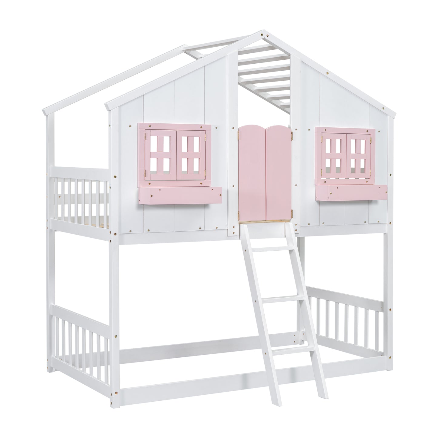 Twin over Twin House Bunk Bed with Roof , Window, Window Box, Door , with Safety Guardrails and Ladder, Pink/White