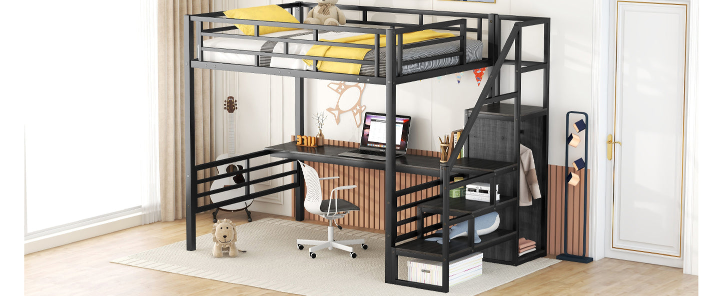 Full Size Metal Loft Bed with Desk, Storage Staircase and Small Wardrobe, Storage stairs can be installed left and right,Black