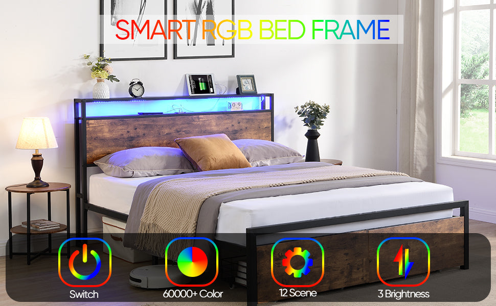 Large bed frame with storage headboard and 2 drawers, LED light bed, charging station, metal platform bed