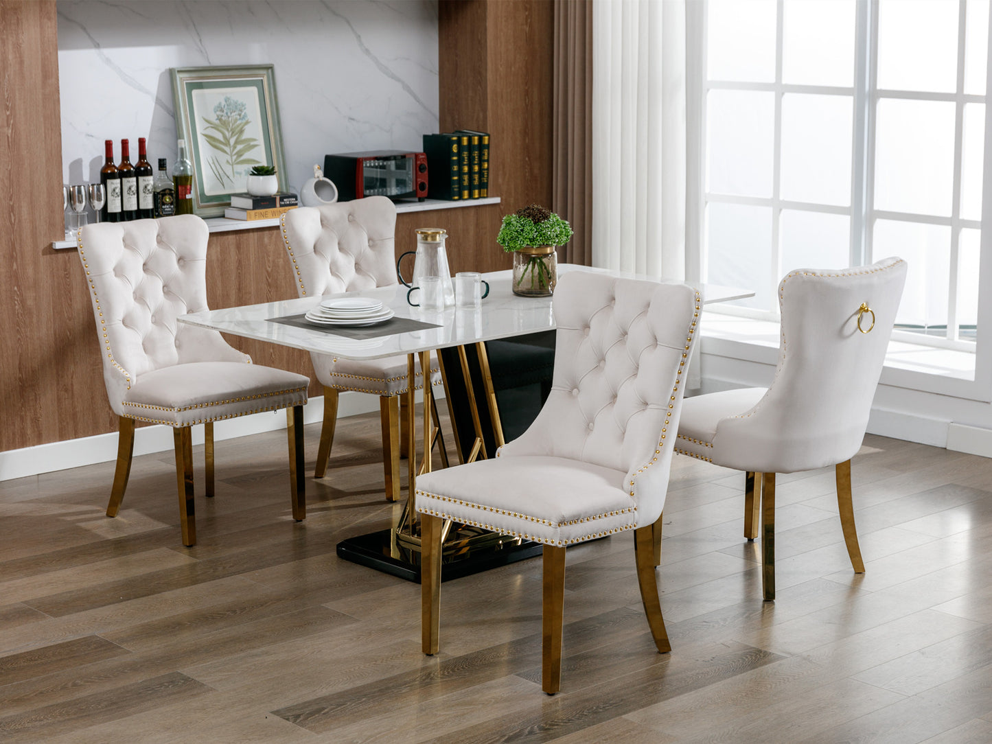 Tufted solid wood velvet soft cushion dining chair gold stainless steel plated leg nail head set of 2 pieces beige and gold