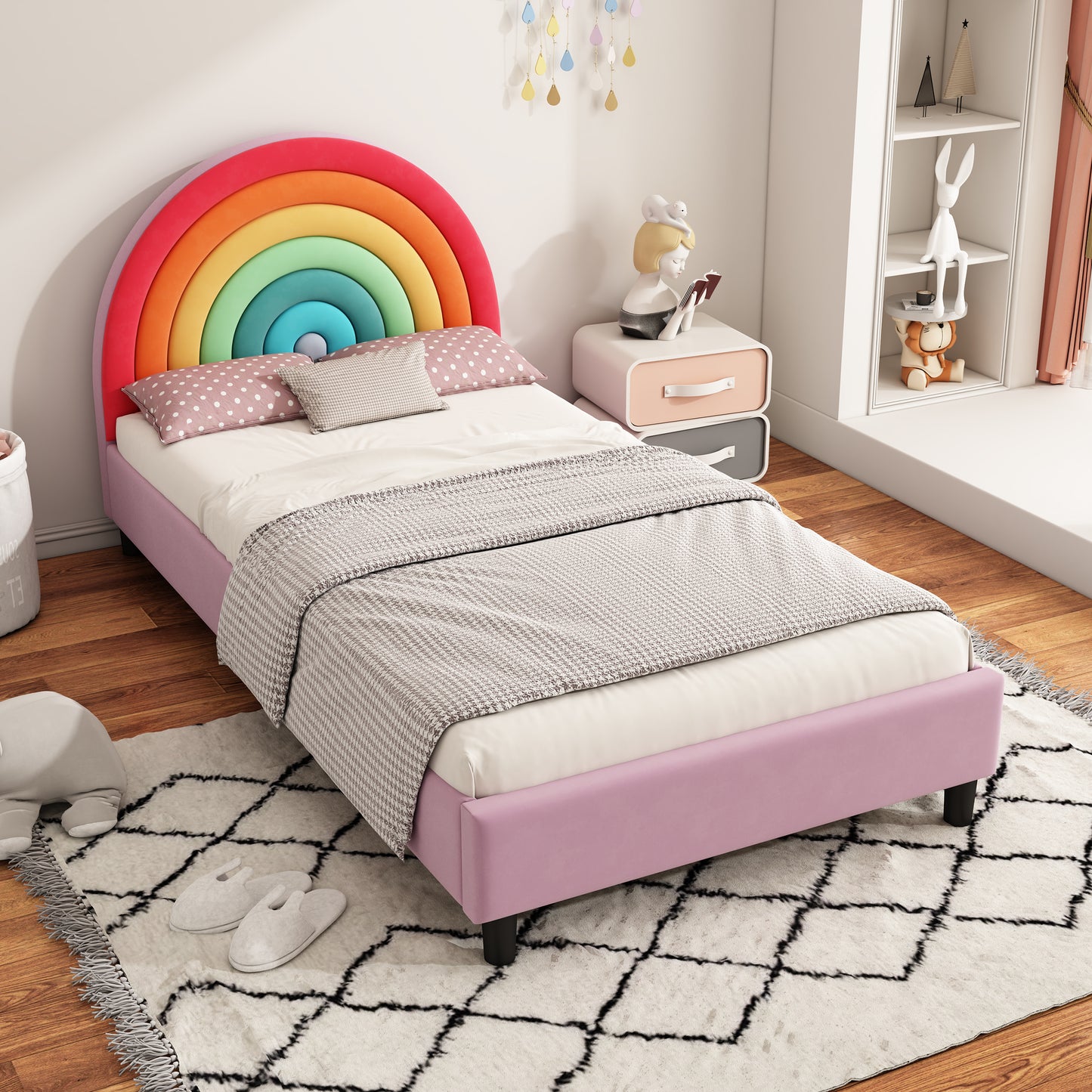 Rainbow Design Upholstered Twin Platform Bed Cute Style Princess Bed for Boys & Girls, Teens, Colorful & Pink