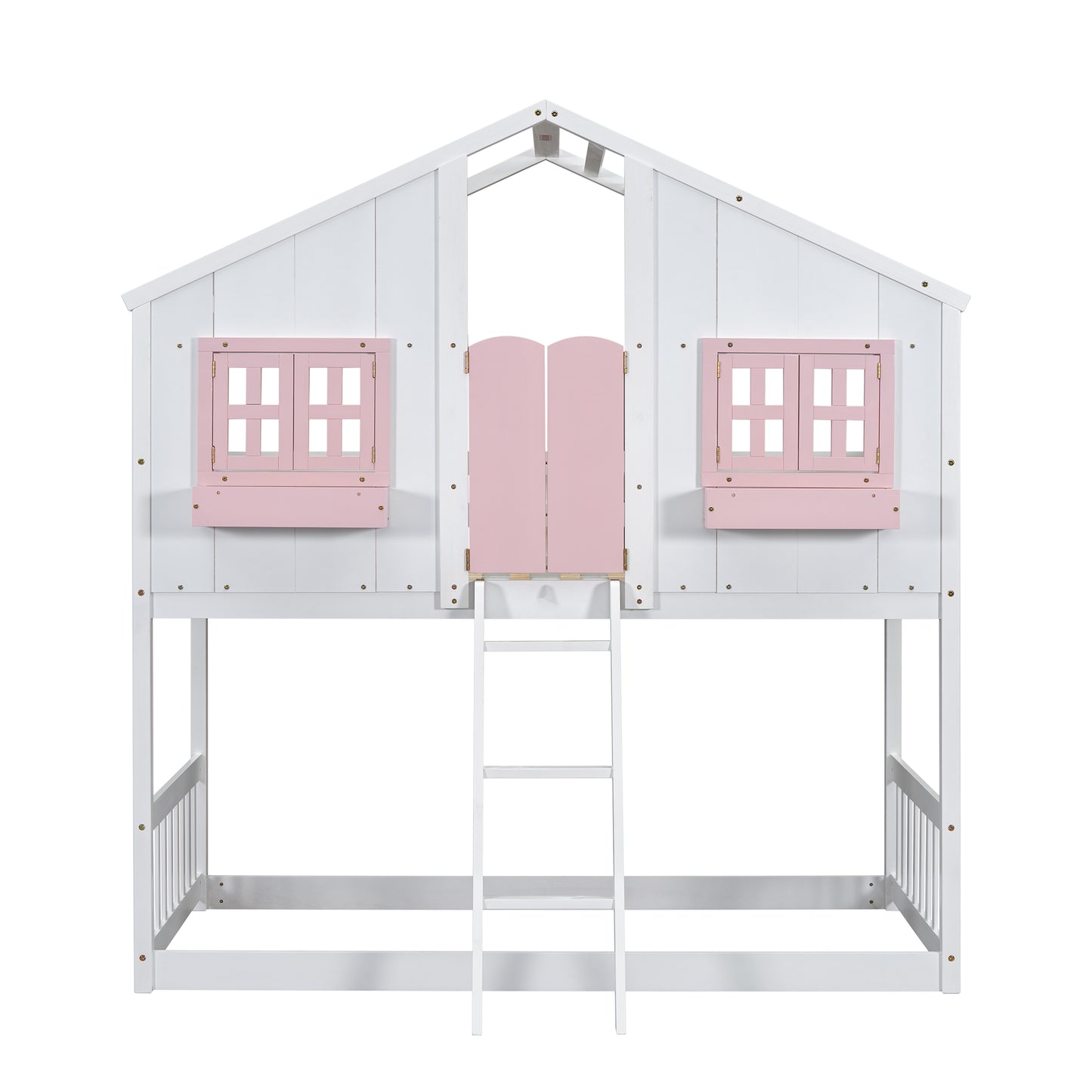 Twin over Twin House Bunk Bed with Roof , Window, Window Box, Door , with Safety Guardrails and Ladder, Pink/White