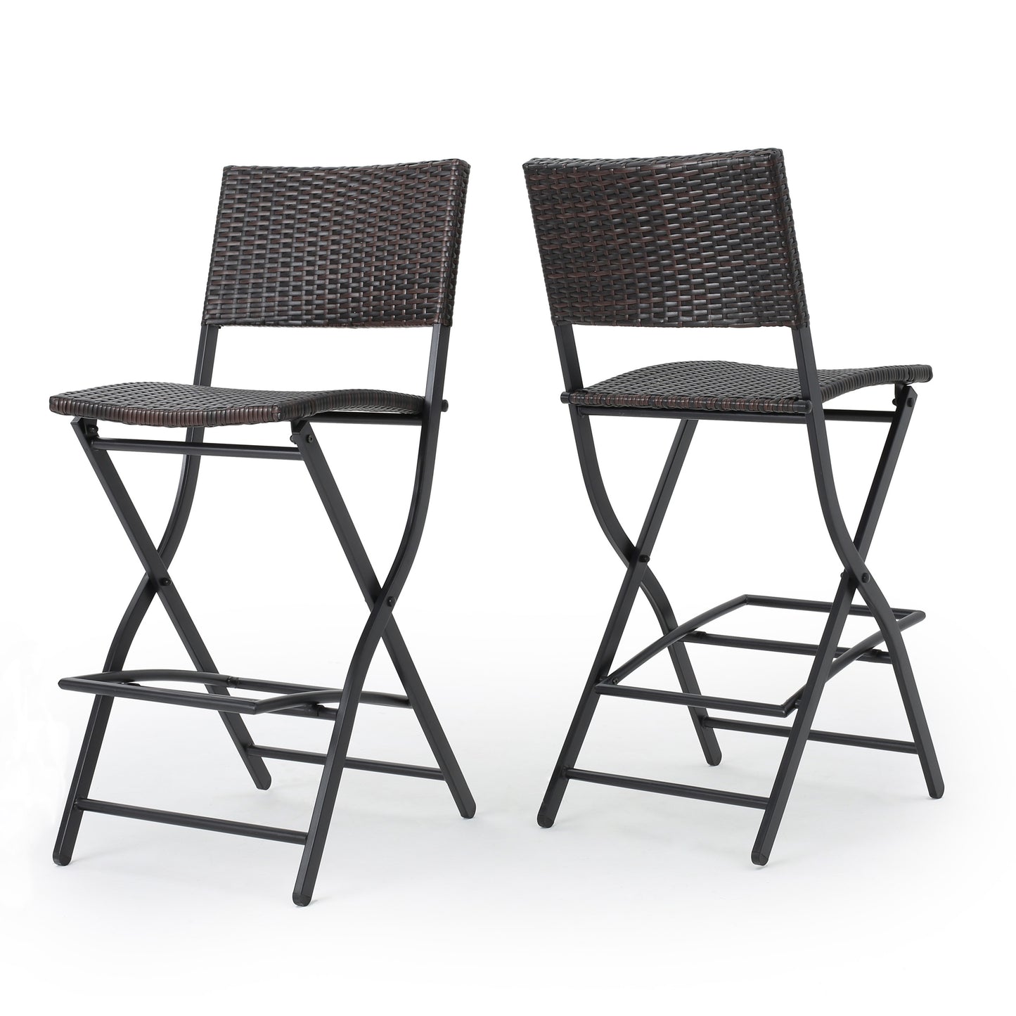 Outdoor Wicker Barstools Faux Rattan Patio Bar Stool Foldable Chair, 2-Pcs Set, Multibrown