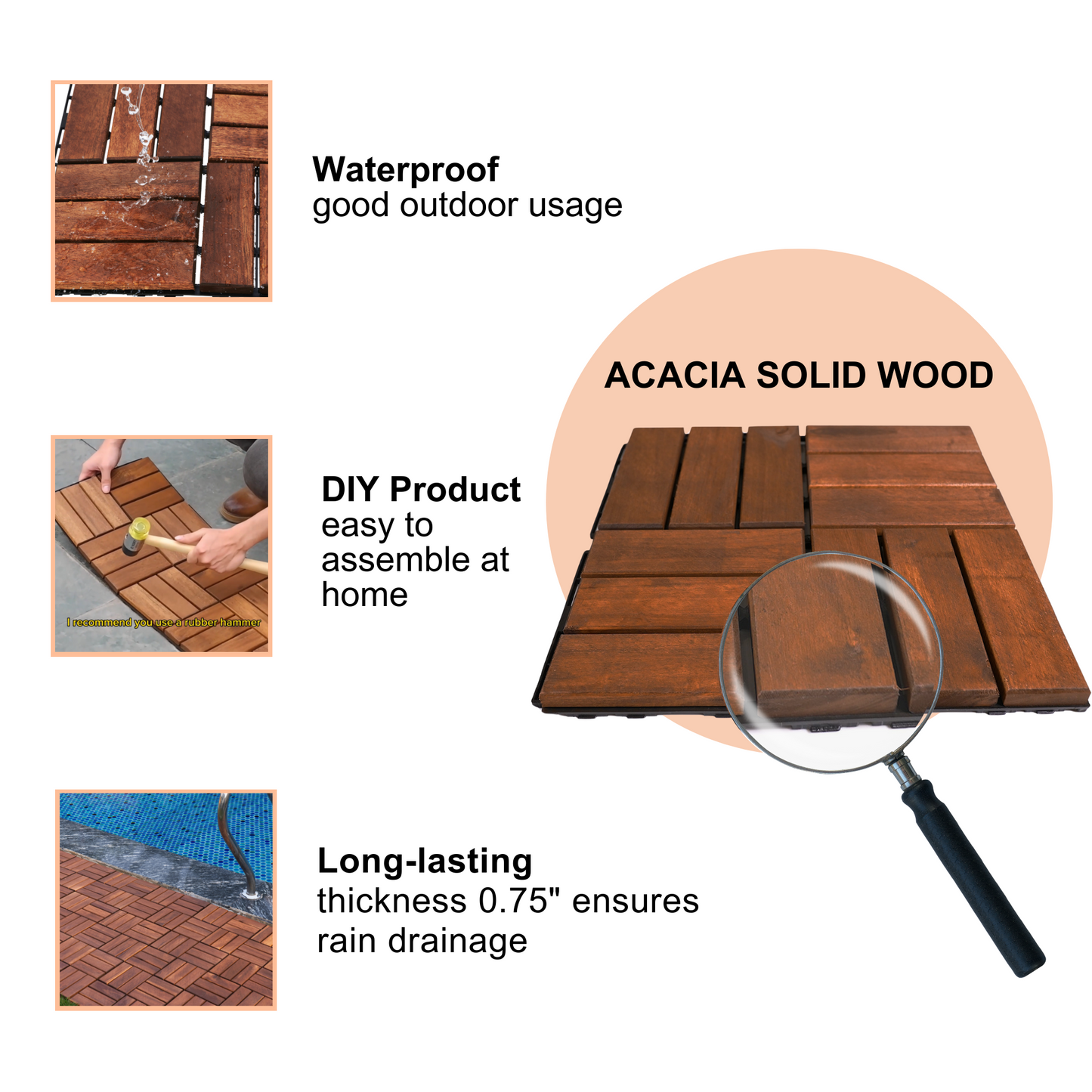 Acacia interlocking deck tile grid pattern, 10 pieces of 12 inch x 12 inch square brown Acacia hardwood outdoor flooring