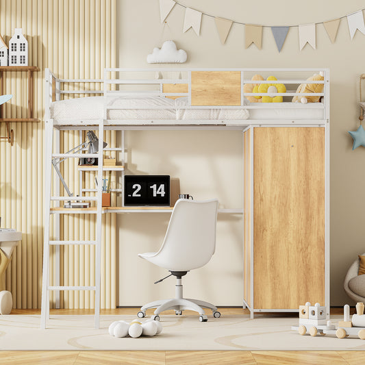 Twin Size Loft bed with L-shape Desk and Wardrobe, White