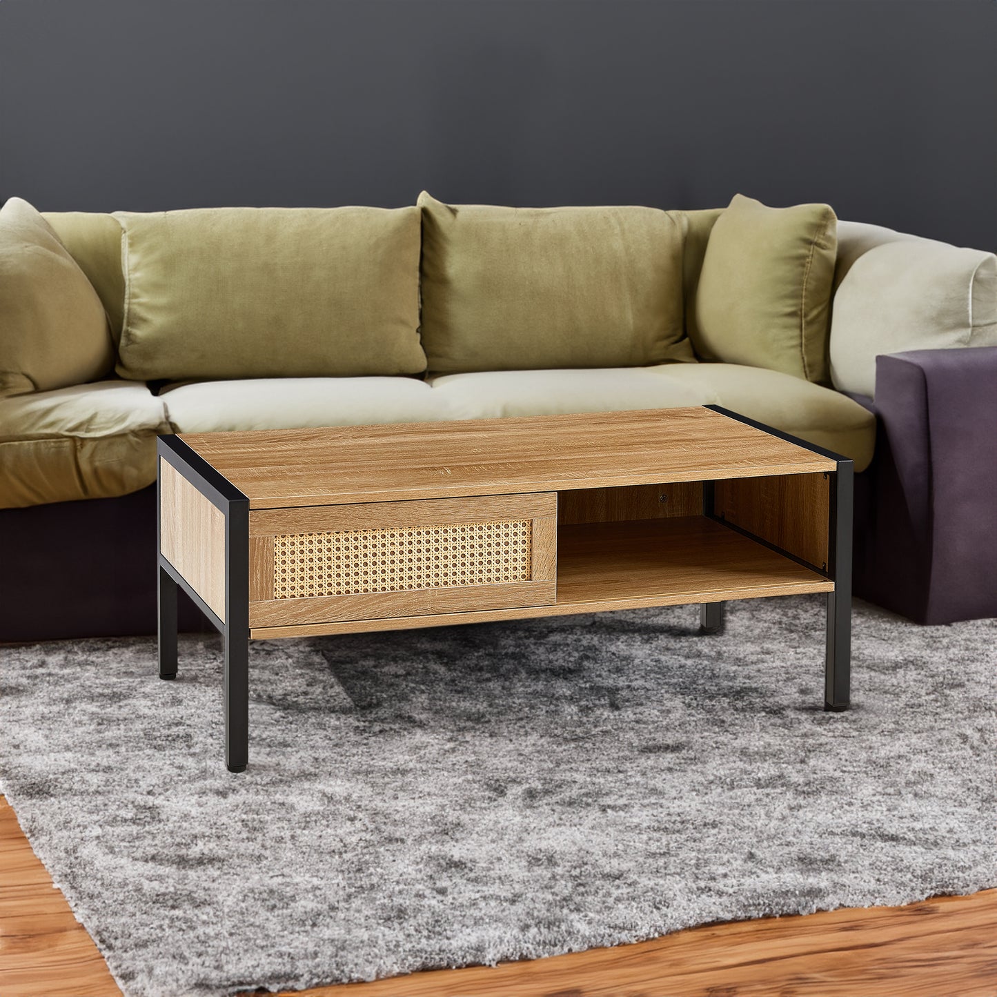 40.16" Rattan Coffee table, sliding door for storage, metal legs, Modern table for living room , natural