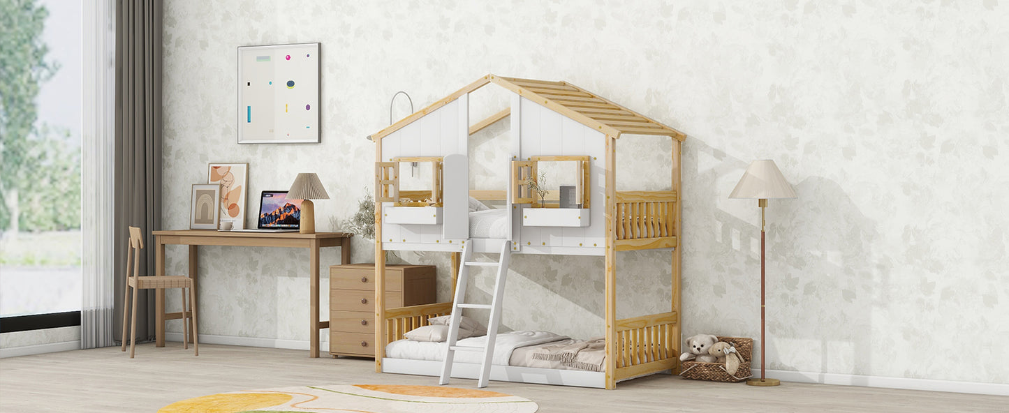 Twin over Twin House Bunk Bed with Roof , Window, Window Box, Door , with Safety Guardrails and Ladder, Natural/White