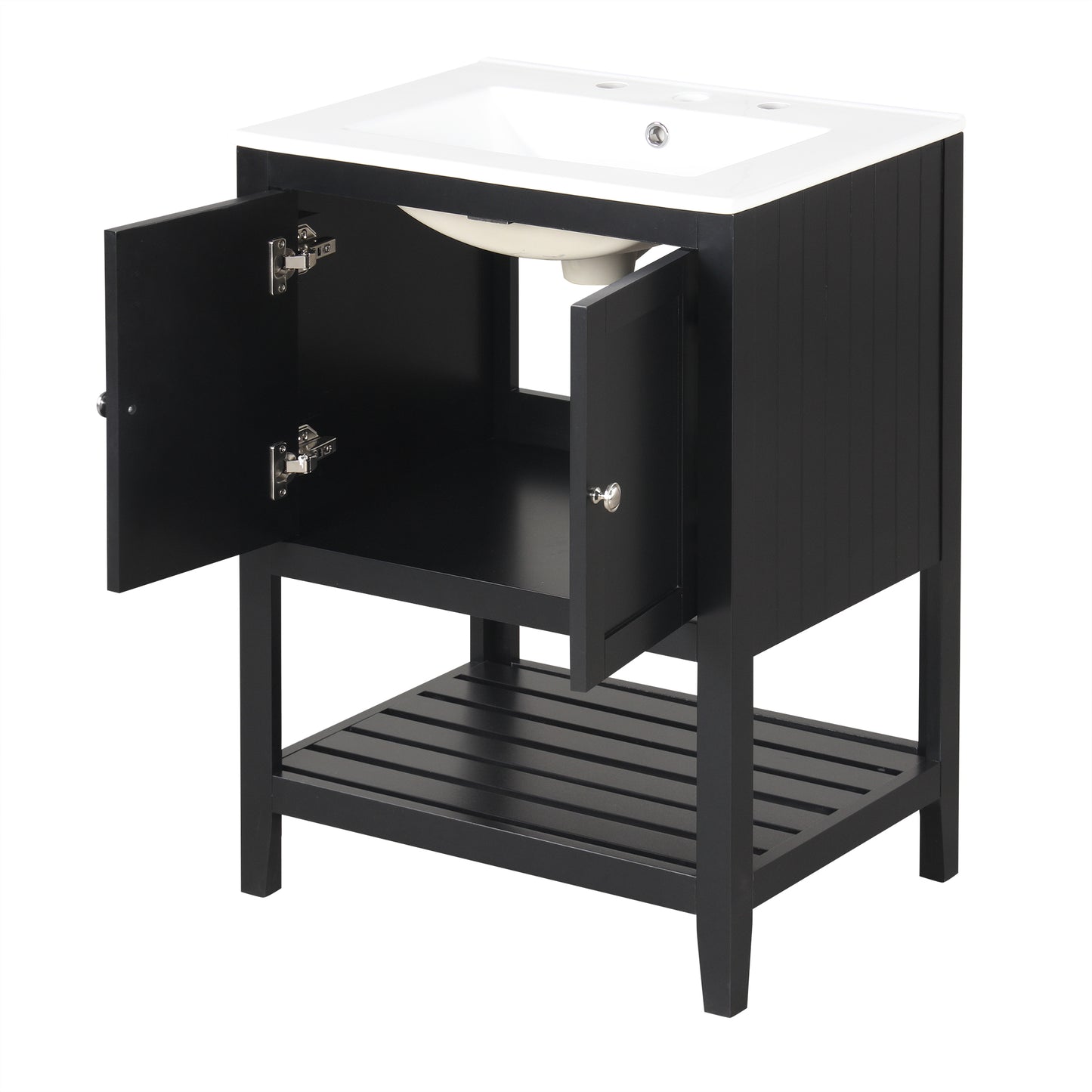 24" Black Modern Sleek Bathroom Vanity Elegant Ceramic Sink with Solid Wood Frame Open Style Shelf - NOVADI