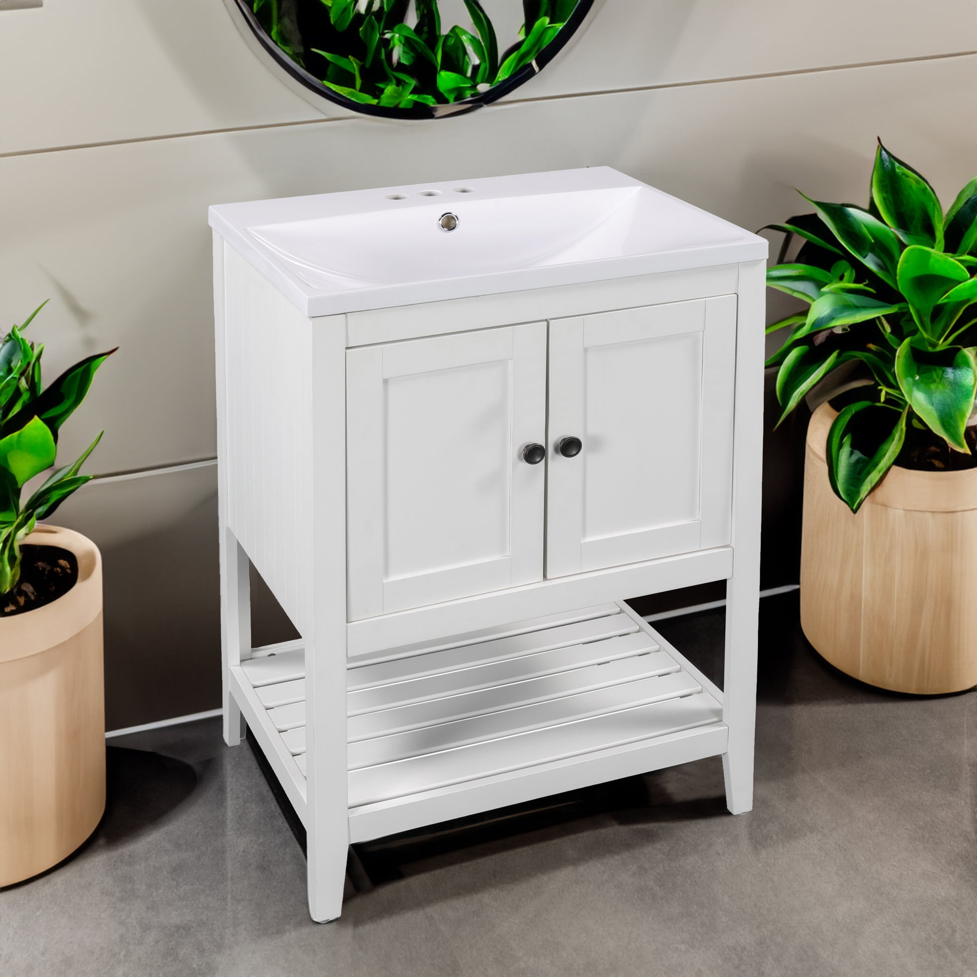 24" White Modern Sleek Bathroom Vanity Elegant Ceramic Sink with Solid Wood Frame Open Style Shelf - NOVADI