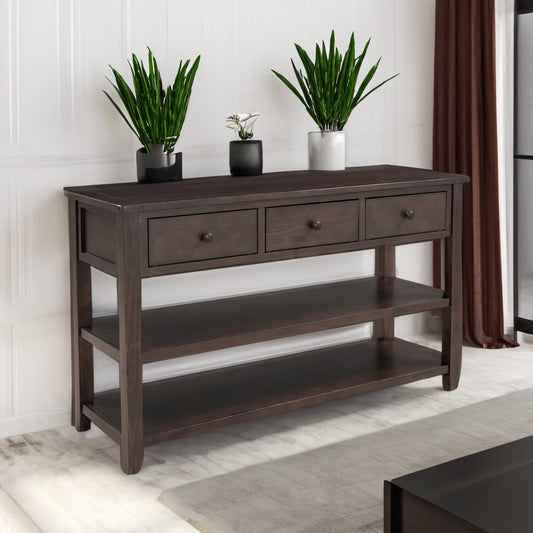 Retro Design Console Table with Two Open Shelves, Pine Solid Wood Frame and Legs for Living Room (Espresso)