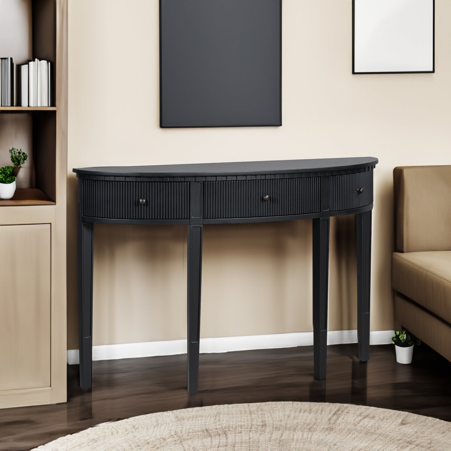 U-Style Distinctive Features of Pine Veneer Console Table with Vertical Stripe Drawer Fronts and Four Legs