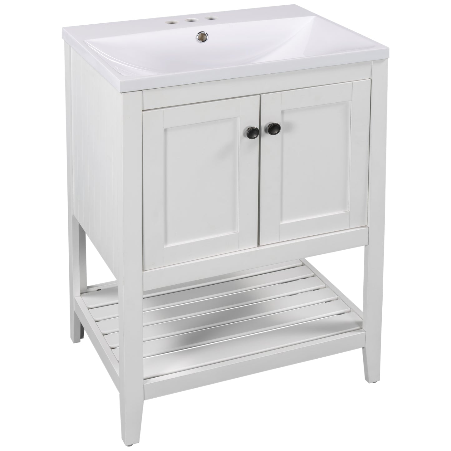 24" White Modern Sleek Bathroom Vanity Elegant Ceramic Sink with Solid Wood Frame Open Style Shelf - NOVADI