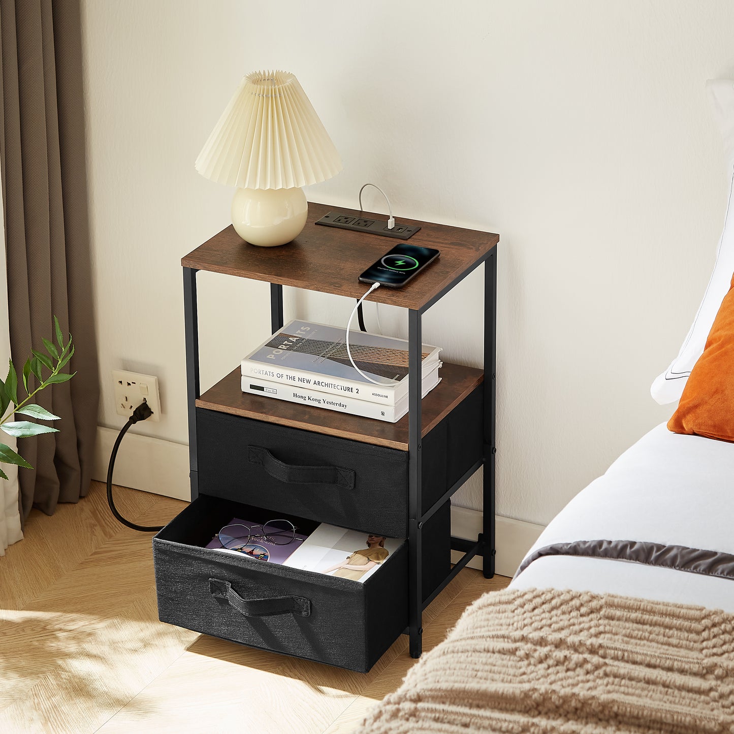 Tea table with charging station, bedside table with USB port, socket and cloth bag, 2 drawers