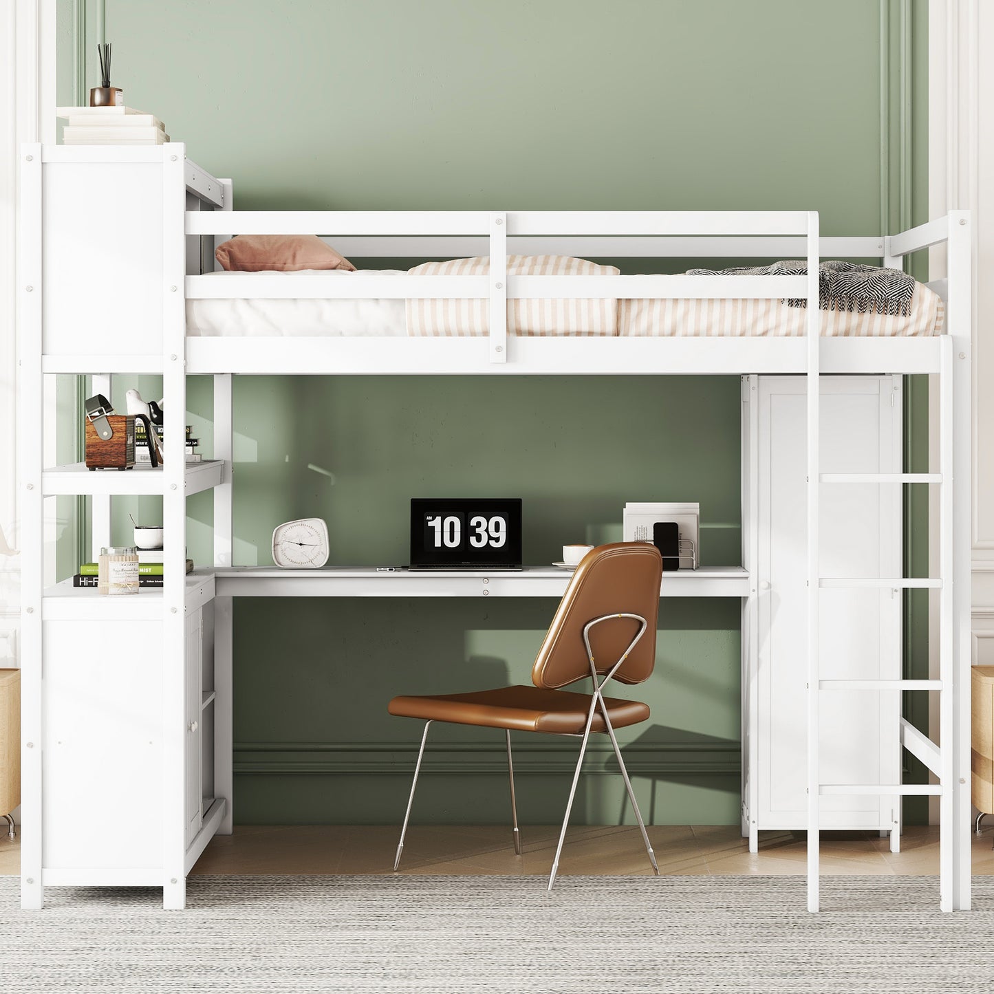 Wood Loft Bed with Cabinet and Bookshelf, Full Size Loft with Wardrobe and Desk for Kids,White