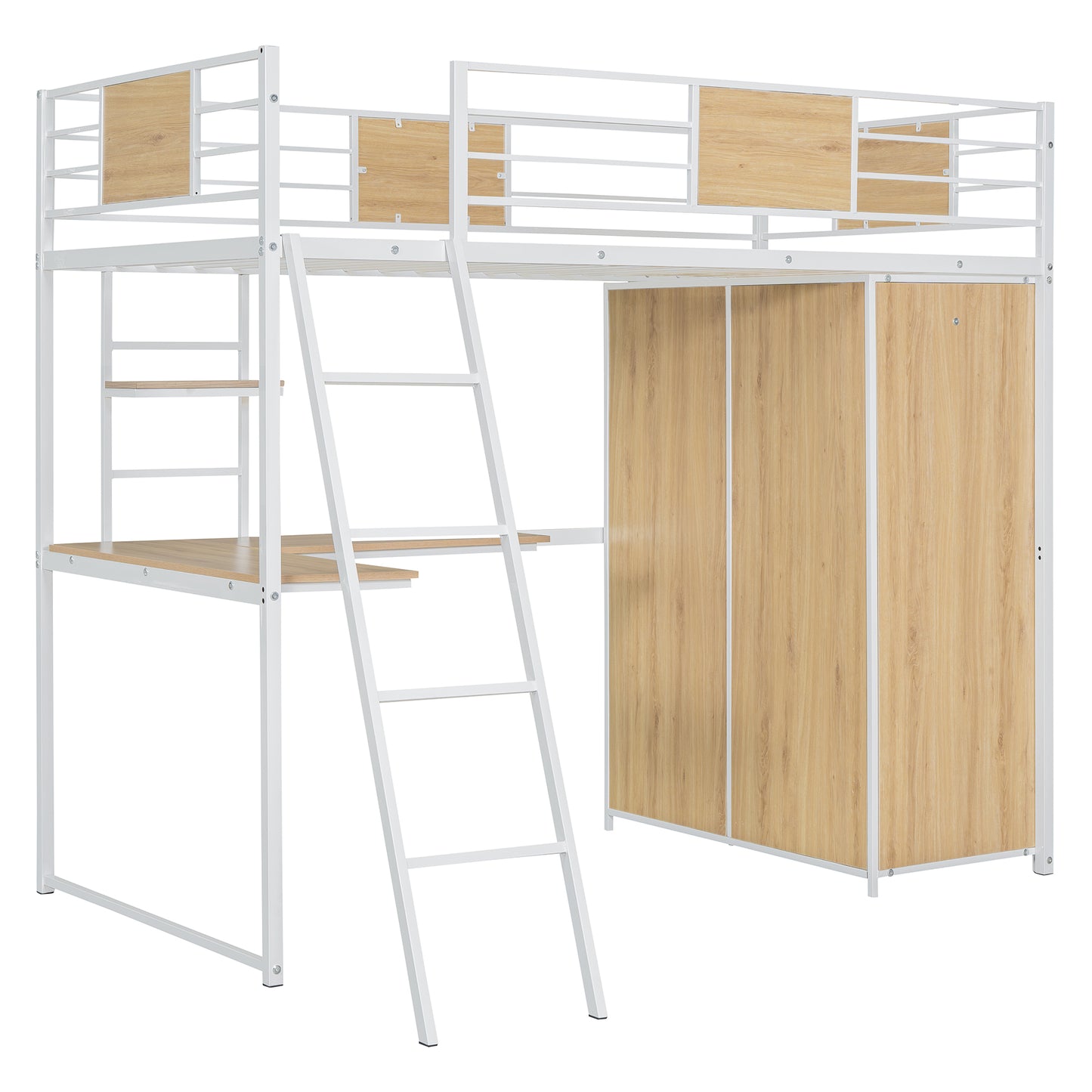 Twin Size Loft bed with L-shape Desk and Wardrobe, White