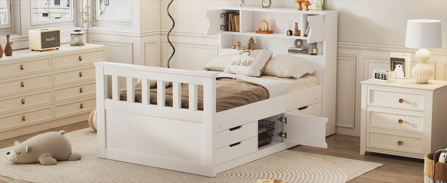 Twin Size Captain Platform Bed Frame with Storage Bookcases and Shelves,Four Drawers,White