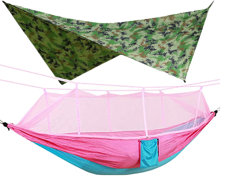 260x140cm Outdoor Double Camping Hammock with Mosquito Net and Rain Fly Tarp Lightweight Parachute Hammocks for Travel Hiking - NOVADI