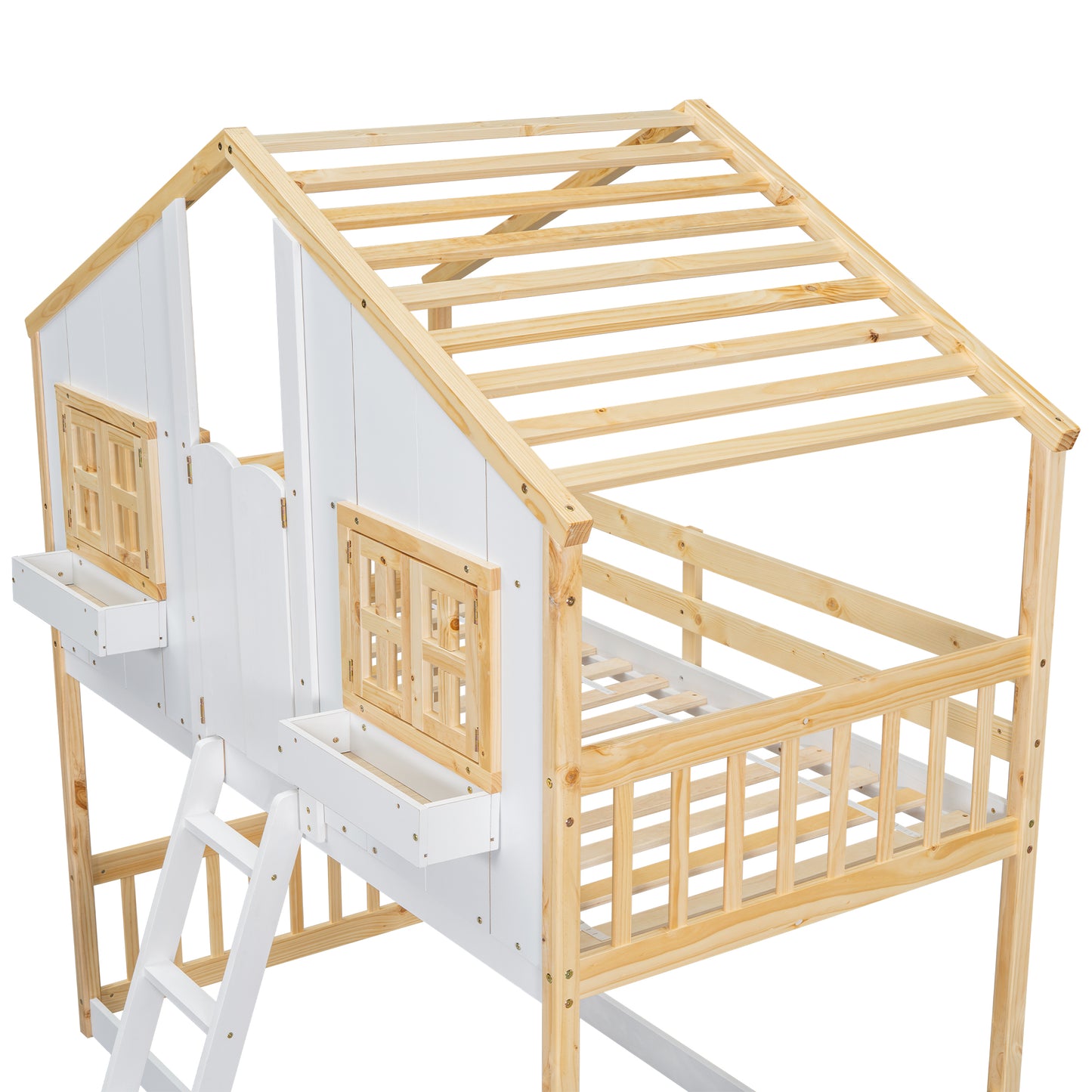 Twin over Twin House Bunk Bed with Roof , Window, Window Box, Door , with Safety Guardrails and Ladder, Natural/White