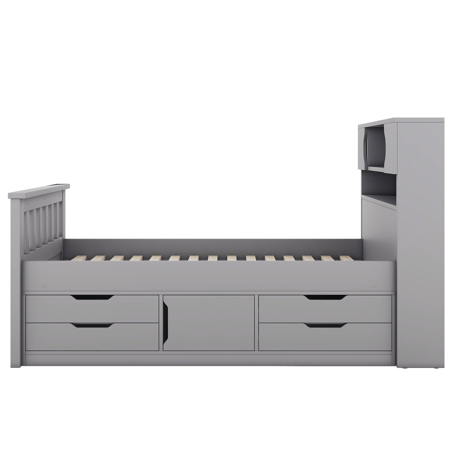 Twin Size Captain Platform Bed Frame with Storage Bookcases and Shelves,Four Drawers, Gray