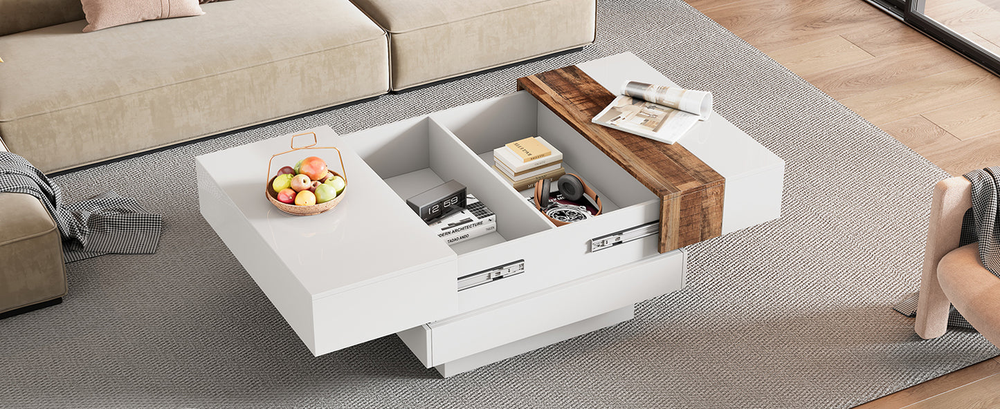 ON-TRANS 31.4 inches x 31.4 inches with sliding tabletop, high gloss center table, hidden storage room white