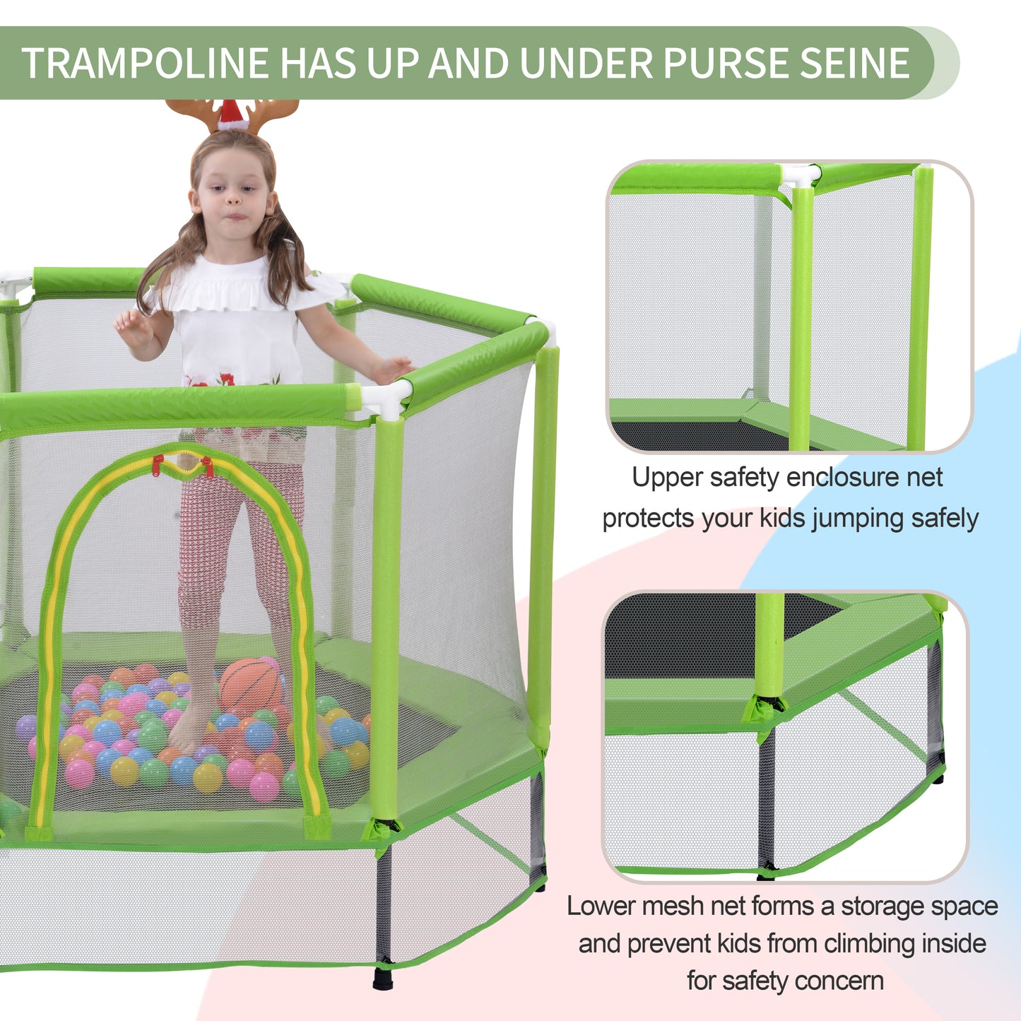 55'' Toddlers Trampoline with Safety Enclosure Net and Balls, Indoor Outdoor Mini Trampoline for Kids