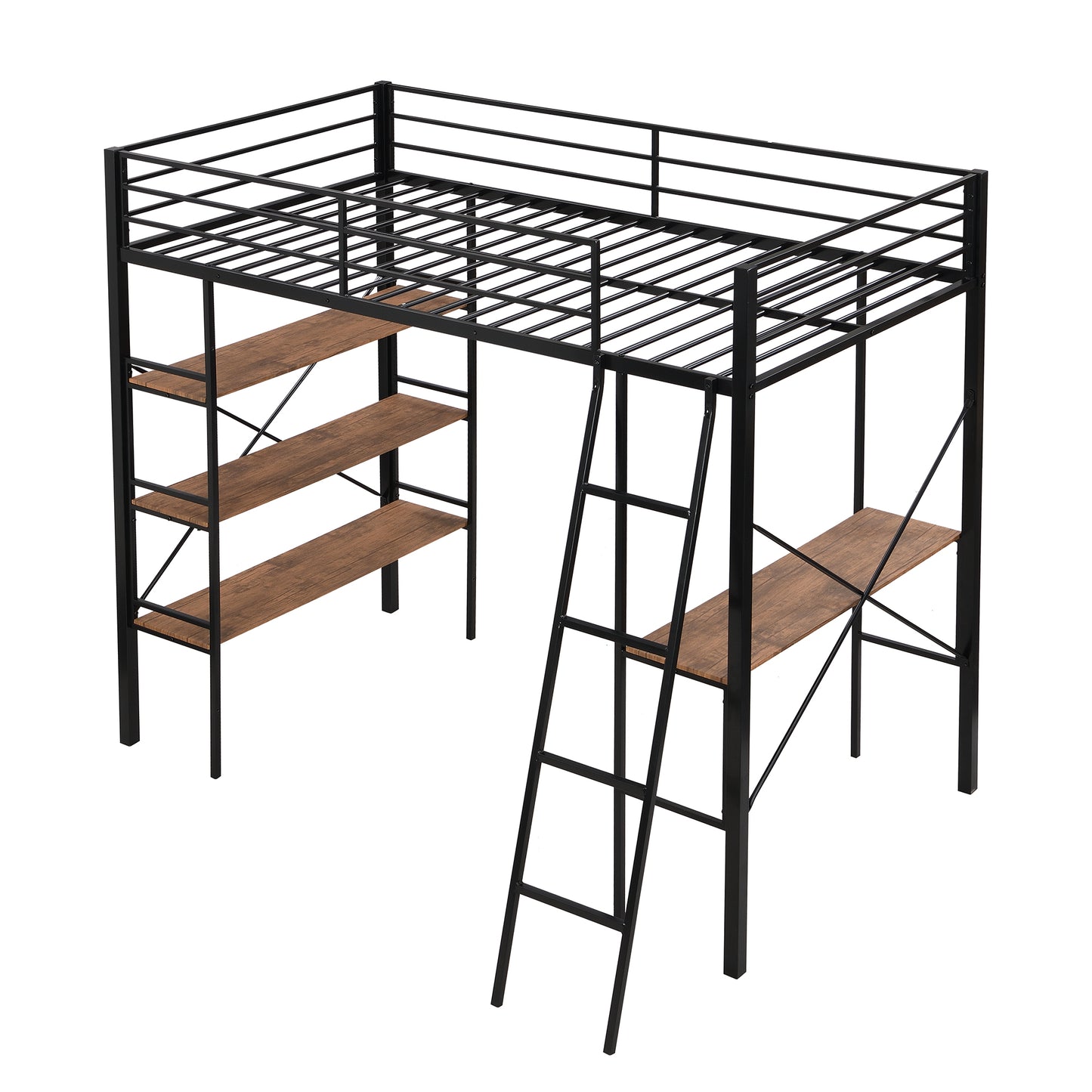 Twin Size Metal Loft Bed with Shelves and Desk, Black