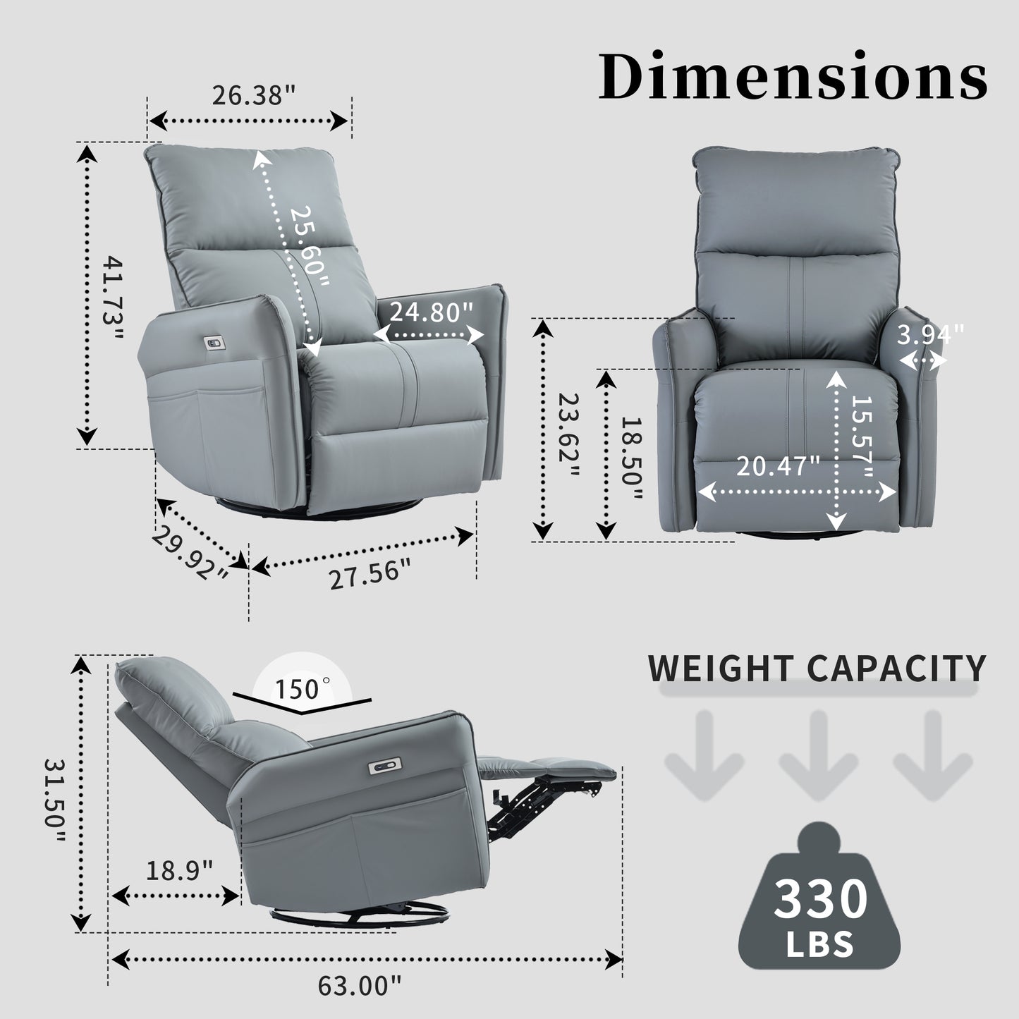 Elektrischer Schaukelstuhl mit Drehfunktion für Erwachsene, 270 ° drehbarer Schaukelstuhl, Einzelsofa-Loungesessel (blaugrau)