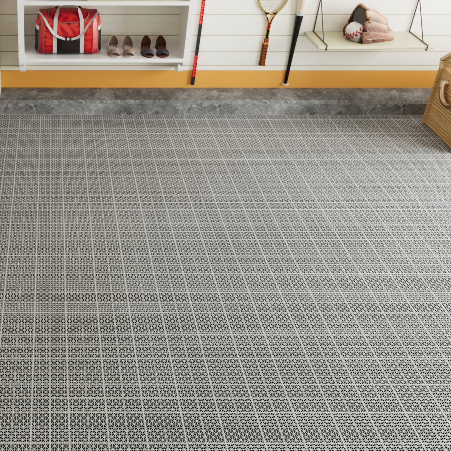 12 x 12 inch gray interlocking deck tiles, plastic waterproof, weighing up to 6613 pounds, with a rose pattern pack of 12