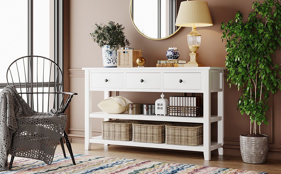 Retro Design Console Table with Two Open Shelves, Pine Solid Wood Frame and Legs for Living Room (Antique White)