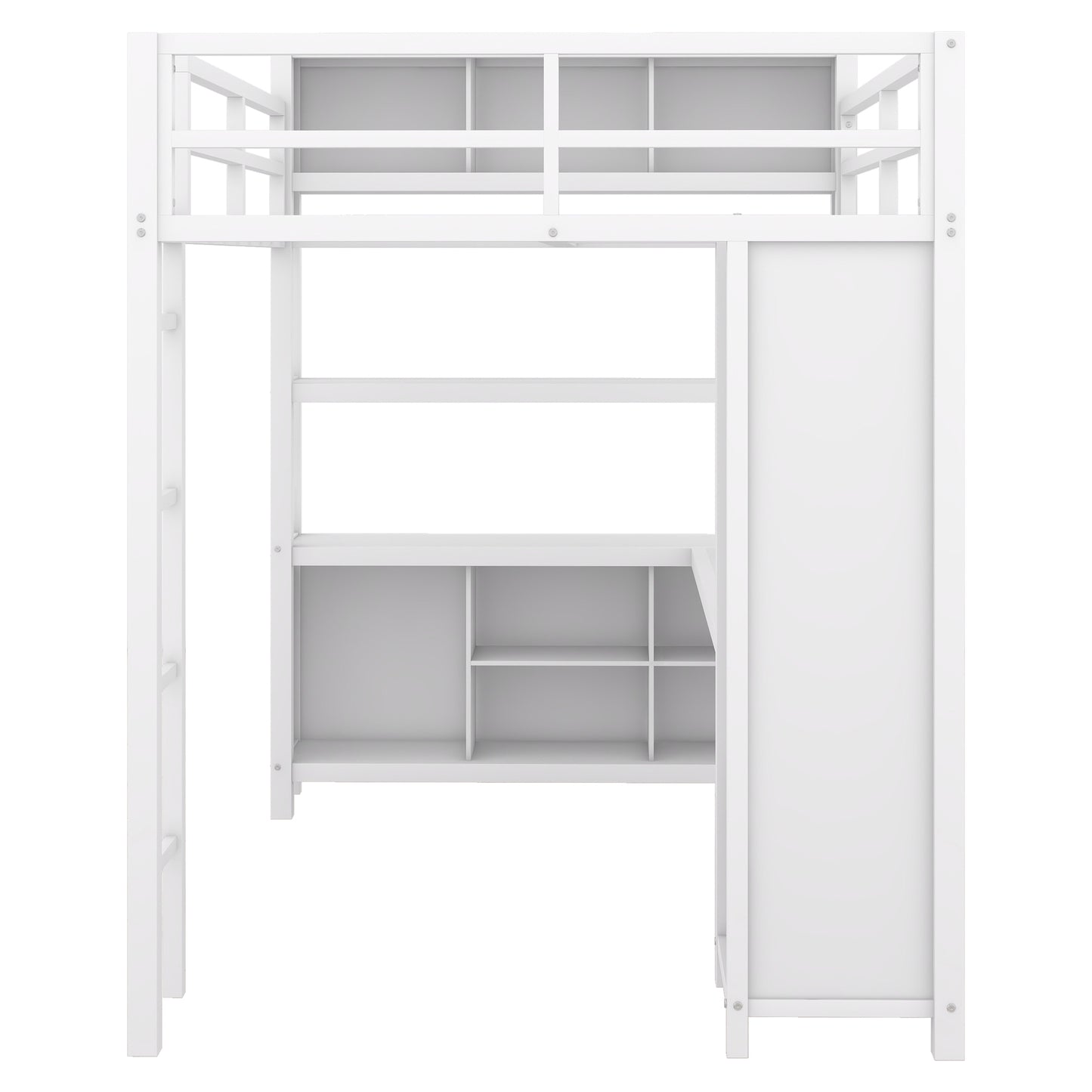 Metal loft bed with wardrobe and L-shaped desk, full-size loft bed with storage cabinet and shelf, white