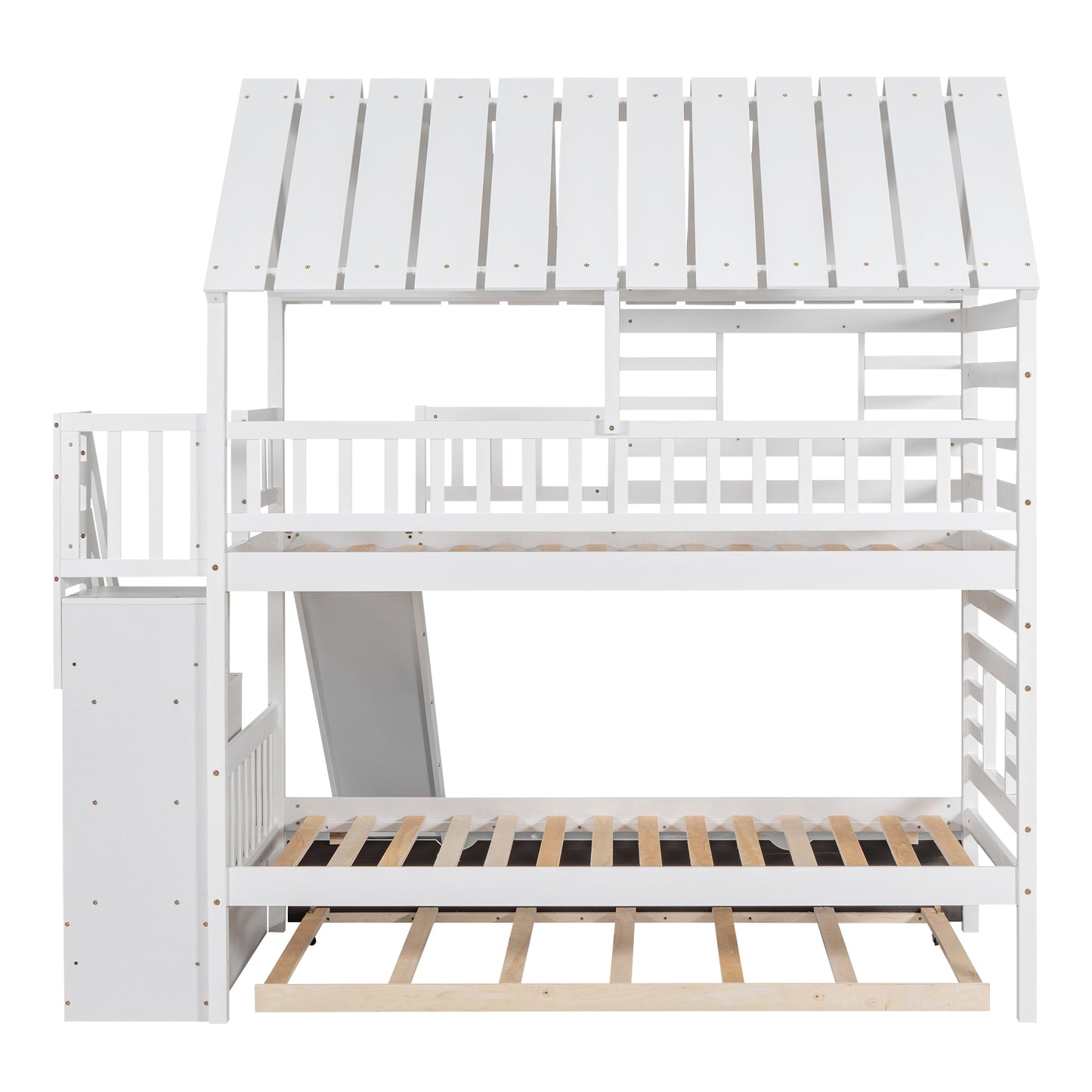 Twin over Twin House Bunk Bed with Trundle and Slide Storage Staircase Roof and Window Design  White