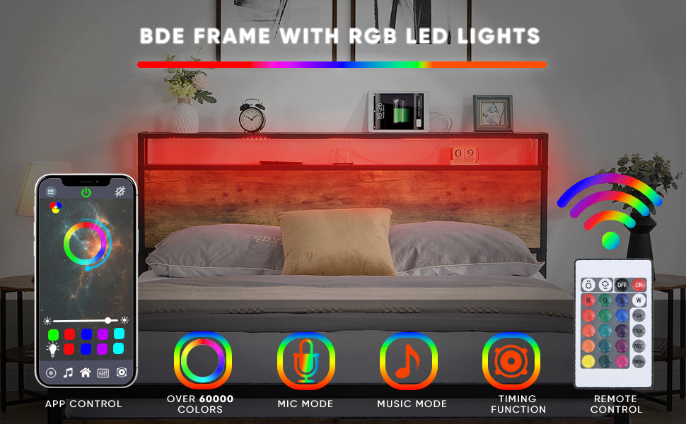 Large bed frame with storage headboard and 2 drawers, LED light bed, charging station, metal platform bed