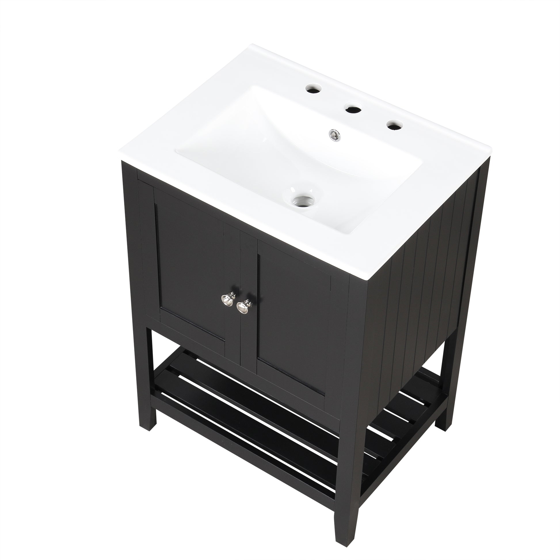 24" Black Modern Sleek Bathroom Vanity Elegant Ceramic Sink with Solid Wood Frame Open Style Shelf - NOVADI