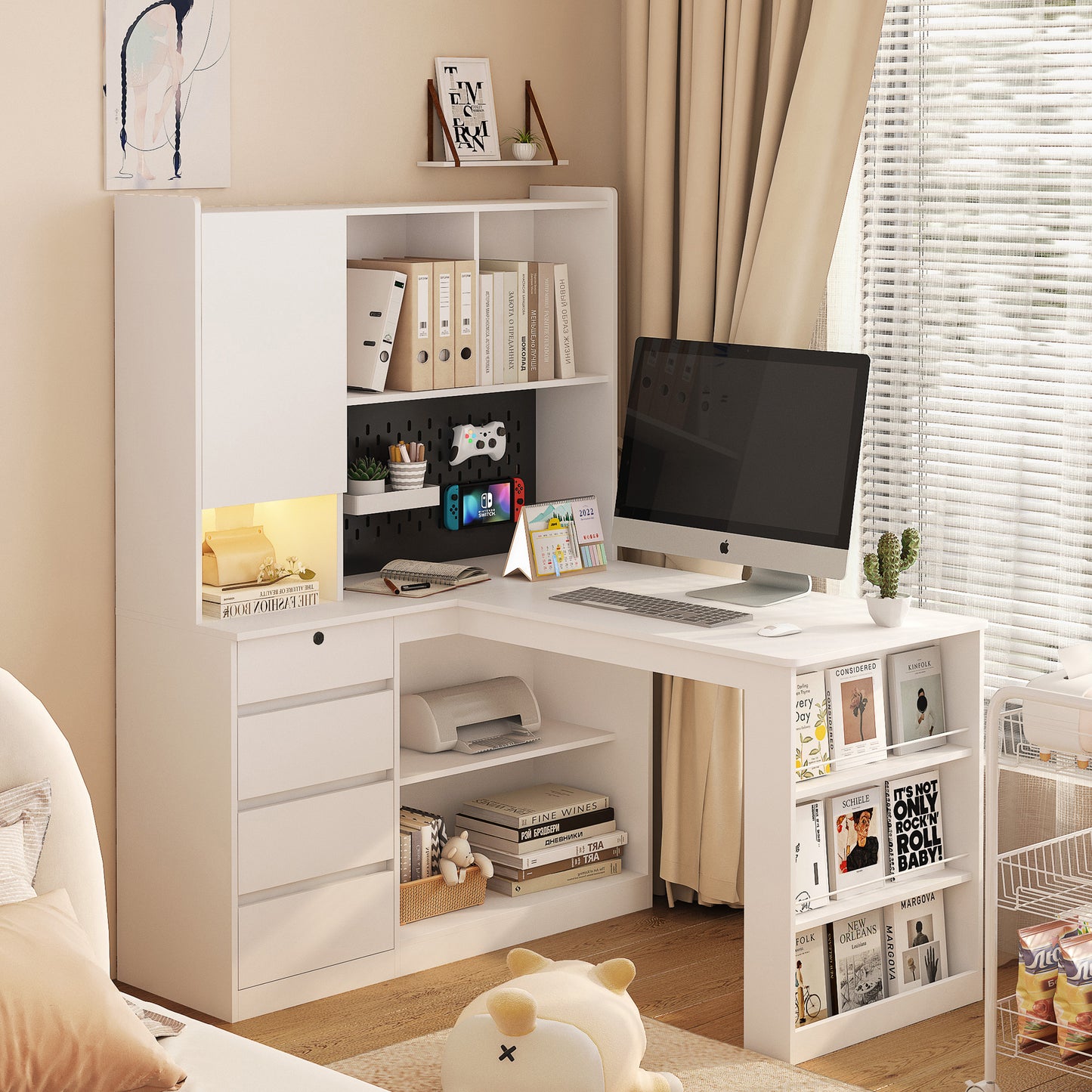 L-shaped office desk with charger, bookshelf with drawers and LED lights, and corner gaming computer desk with storage space