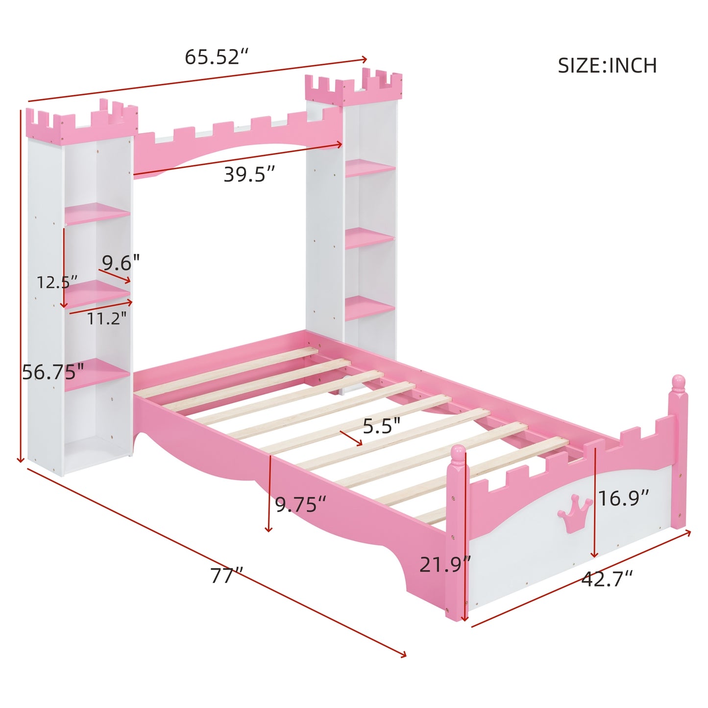 Schlossförmiges Holzbett mit Ablage, verträumtes Doppelbett in Doppelbettgröße für Kinderzimmer, Weiß + Rosa