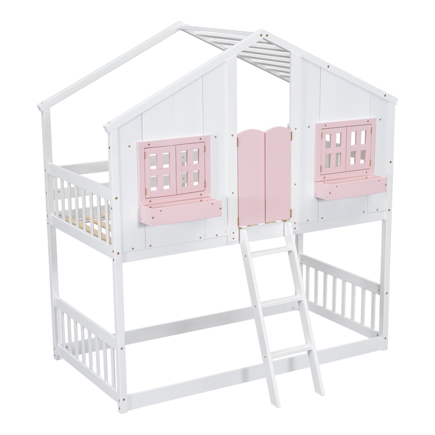 Twin over Twin House Bunk Bed with Roof , Window, Window Box, Door , with Safety Guardrails and Ladder, Pink/White