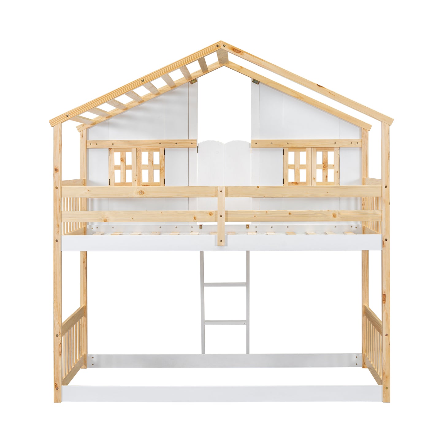 Twin over Twin House Bunk Bed with Roof , Window, Window Box, Door , with Safety Guardrails and Ladder, Natural/White