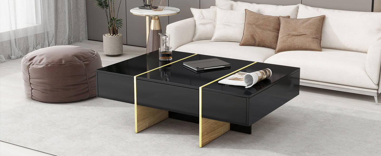 ON-TRANS 47.2 inch x 31.4 inch multifunctional rectangular sofa table with 2 drawers and gold wood grain leg center table, black