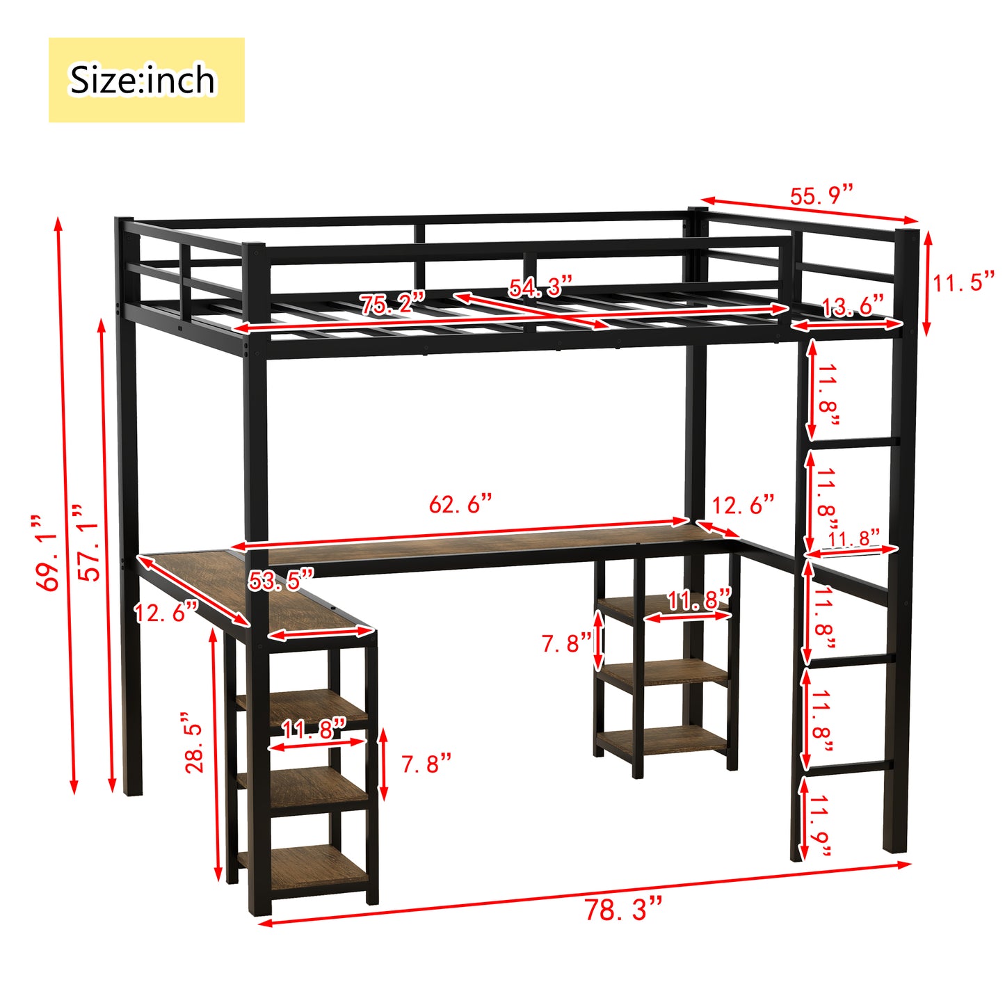 Full metal loft bed with desk and shelf, loft bed with ladder and guardrail, bedroom loft bed frame, black