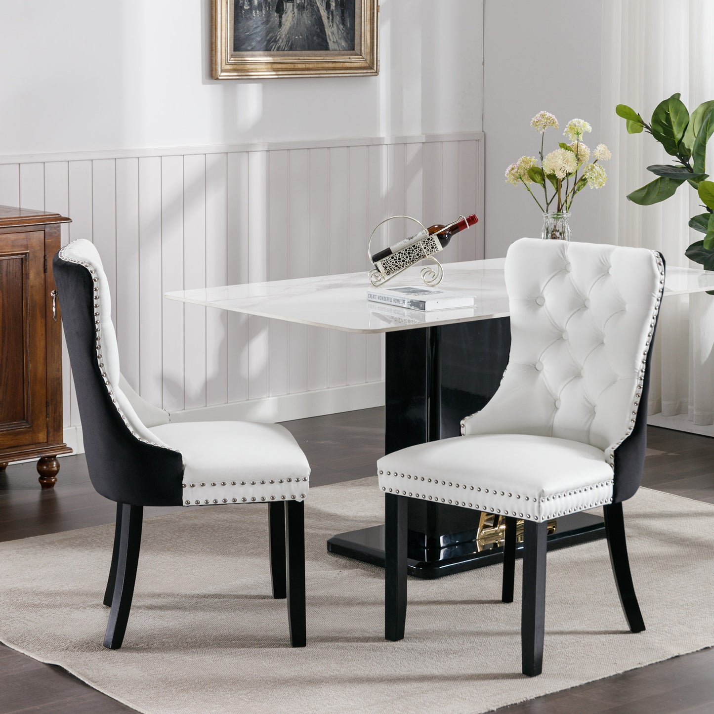 Tufted solid wood PU and velvet cushioned dining chairs with wooden leg nail head decoration 2-piece set in white and black