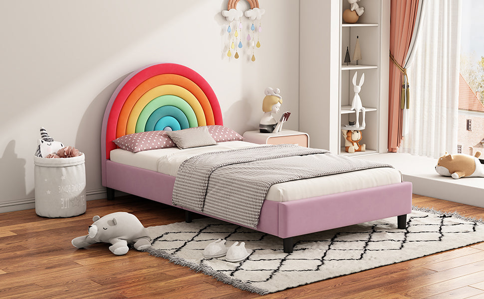 Rainbow Design Upholstered Twin Platform Bed Cute Style Princess Bed for Boys & Girls, Teens, Colorful & Pink